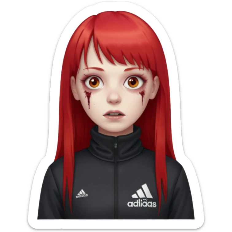 Crie um emoji de uma menina zumbi  com o cabelo vermelho longo com uma franja reta casaco de gola alta da adidas sticker