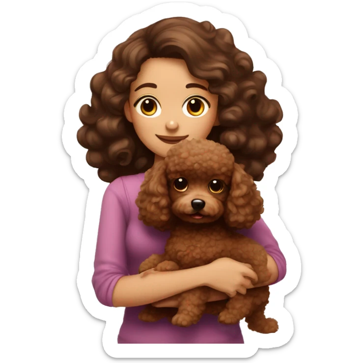 Beautiful curled hair brunette girl hugging a brown toy poodle sticker