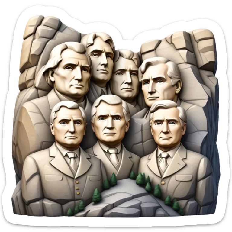 Cinematic Realistic Mount Rushmore Landmark Emoji, featuring the carved faces of four U.S. presidents, etched into the granite mountainside with dramatic lighting accentuating the rock textures. sticker