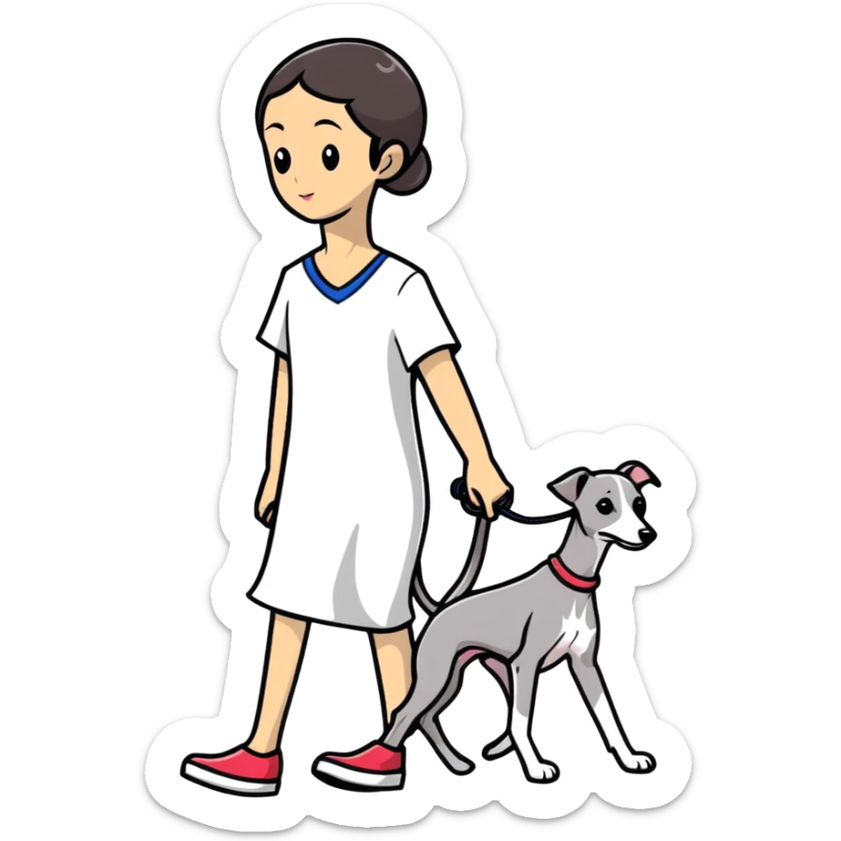 Asian girl walking an all grey Italian greyhound sticker