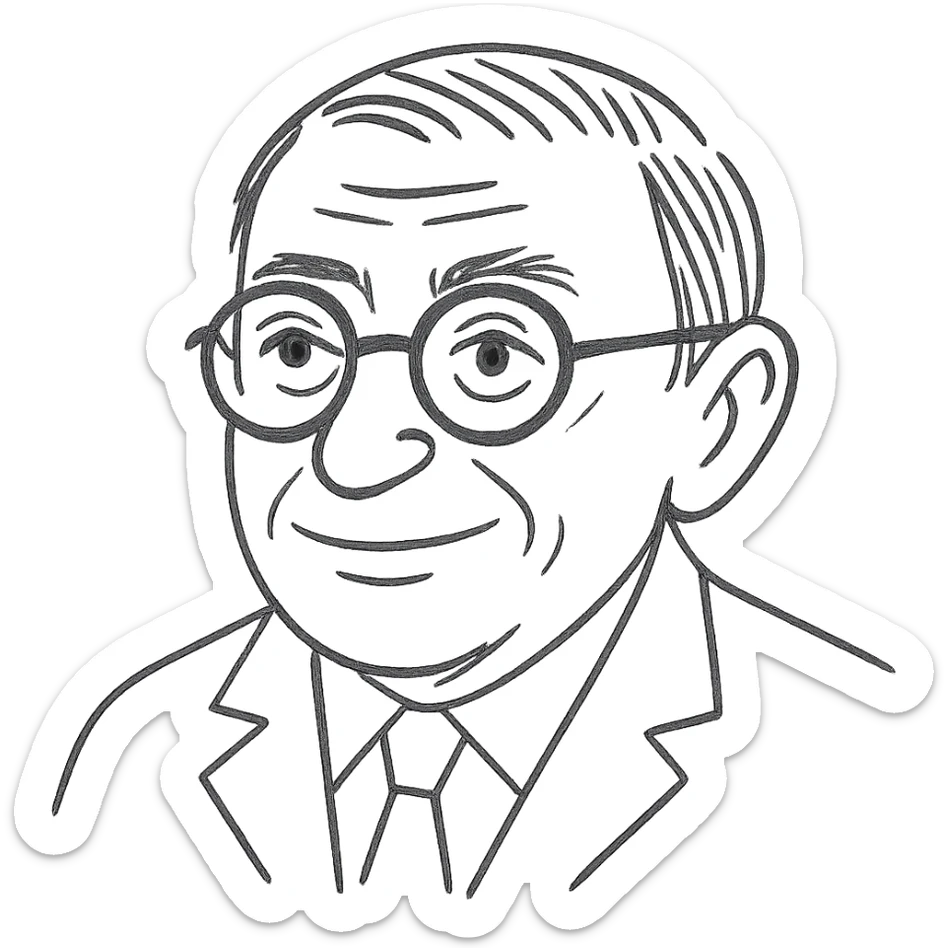 Enhance the hand-drawn look of the Jean-Paul Sartre black outline drawing by adding a bit more strokes, keeping it clean and not overly busy. Maintain the neutral smile, round glasses, and transparent background. sticker