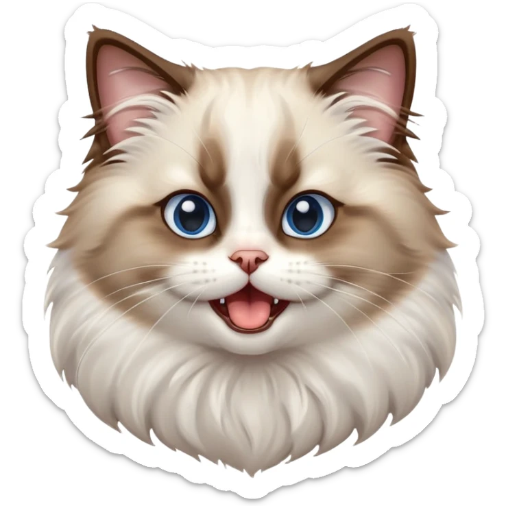 cinematic-adorable-big-eyed-fluffy-brown and white ragdoll-cat-portrait-emoji,-head-tilted-playfully-with-a-cute,-yawn,-soft-brown-and white-colored-fur-with-darker-points-on-the-ears,-simplified-yet-irresistibly-cute-features, sparkling blue eyes sticker