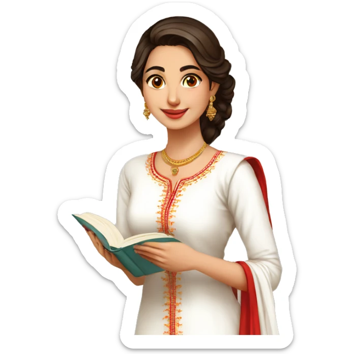 A modern women wearing white kurti no embroidery red dupatta and book in hand sticker