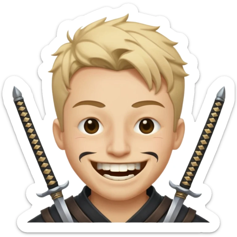 Haz que tenga una sonrisa epica una cicatriz en el ojo serrado y una espada entre los dientes y dos más a cada lado sticker