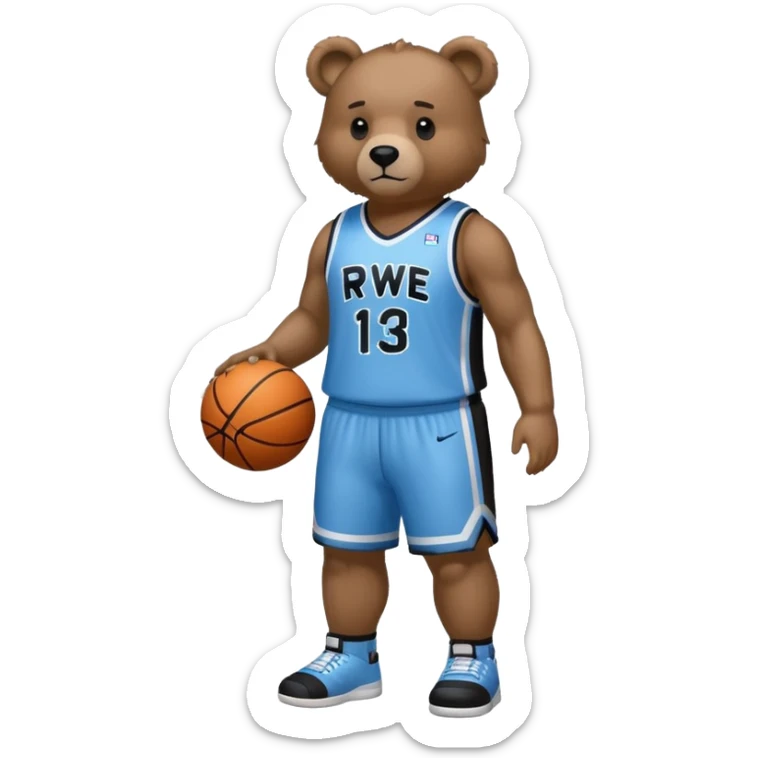 Bear with full body and wearing basketball black and light blue jersey that says RWE  sticker