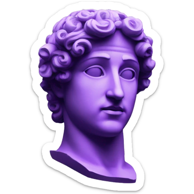 an EMOJI OF A ancient young greek statue, wearing VR headset, purple colors, DIGITAL UNIVERSE sticker