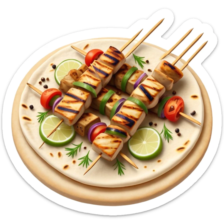 cinematic-realistic-souvlaki-dish-emoji,-showcasing-skewered,-grilled-chicken-with-mediterranean-spices-rendered-with-dynamic-textures-and-warm,-appetizing-lighting on pita bread sticker