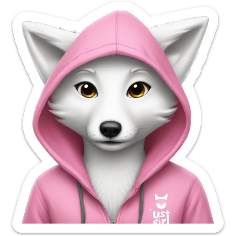White fox wearing a pink hoodie with pink writing saying just a girl sticker