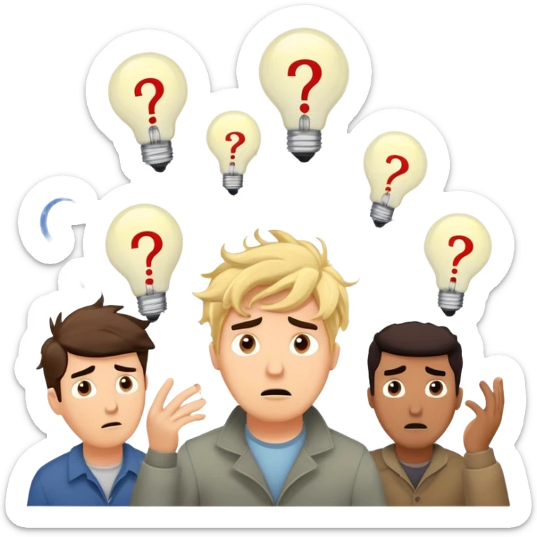 Group of men with chaotic minds, swirling tornadoes of tangled thoughts around their heads, containing question marks, light bulbs, and scribbles. The men have bewildered, overwhelmed expressions. sticker