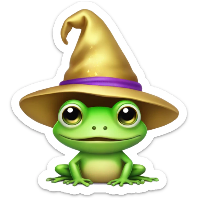 Green cute little frog with purple hat with gold wizard stars on his head sticker