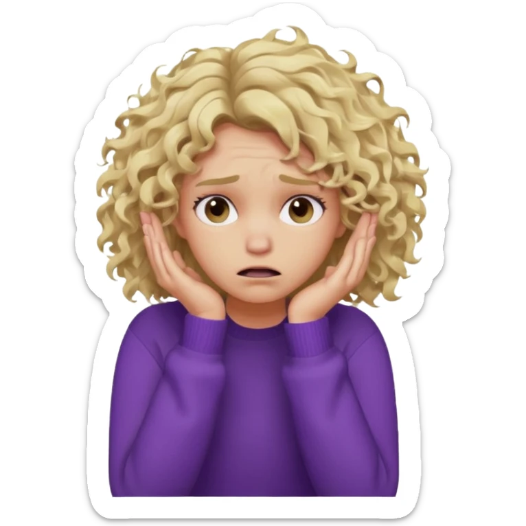 Emoji-style illustration of a frustrated young woman, messy curly tousled blonde hair, wearing a purple sweater, holding her face in her hands, expressing annoyance and disappointment, cartoonish, expressive, simple lines, flat colors, clear silhouette,  sticker