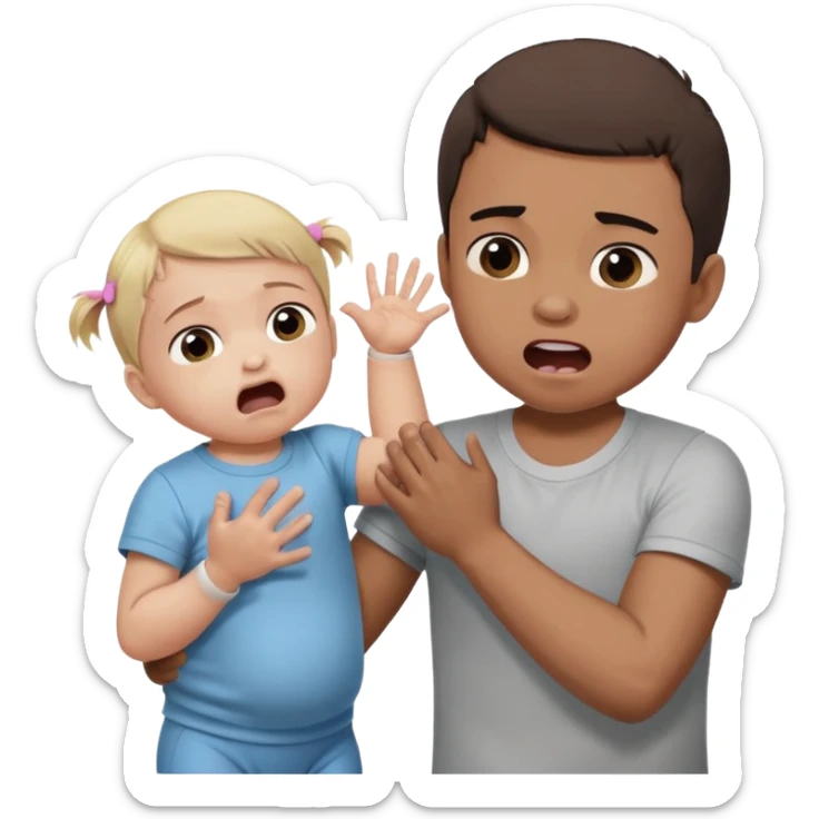 Big Brother getting beat up by a baby little sister as he yells nice hands no hitting! sticker