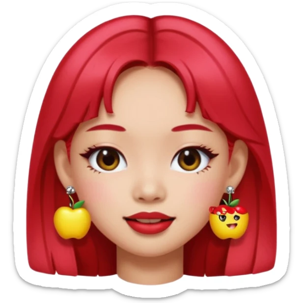 Jennie from Blackpink as an apple style emoji, playful wink, trendy earrings sticker