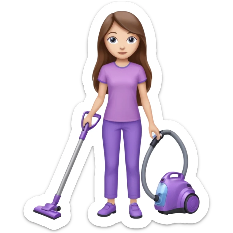 beautiful girl with long brown hair, blue eyes and wearing light purple clothes, cleaning and vacuuming sticker