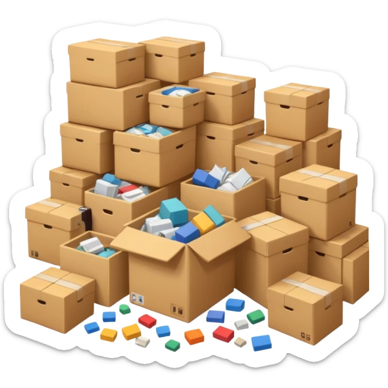 Generate a realistic emoji-style of a overfilled storage room where the packages dont have much space and everything seems chaotic sticker