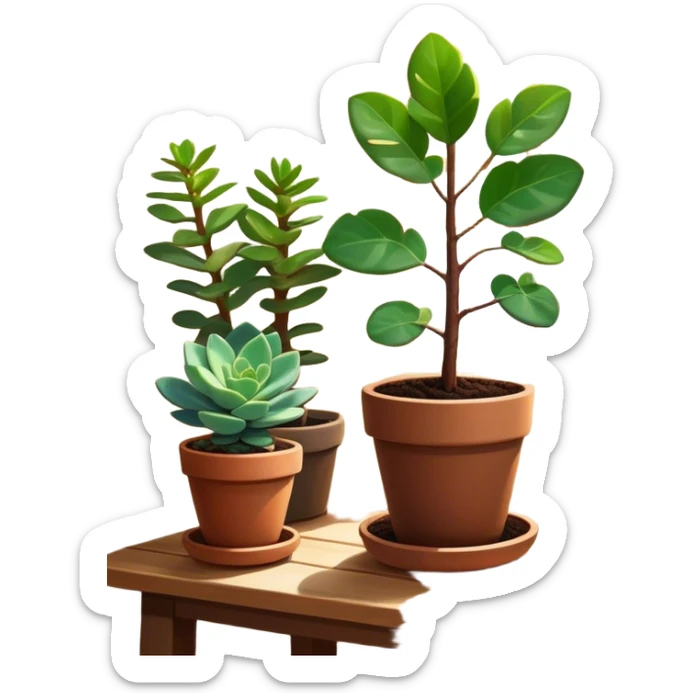 Close-up of a potted sapling in rich soil surrounded by vibrant plants and succulents. Bright sunlight filters through the window, casting soft shadows. Nearby gardening tools rest on a wooden table. Cozy indoor atmosphere with greenery and flowers. sticker