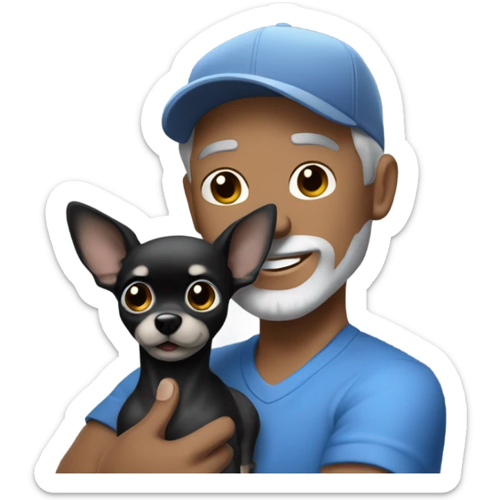 blue eyed man, with grey hair and grey goatee, wearing ball cap, holding long hair black chihuahua sticker