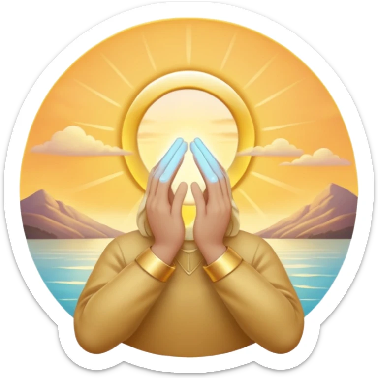 glowing sunrise emoji with spiritual symbols like subtle halo or aura, hands in prayer, tranquil uplifting atmosphere, soft gold and pastel tones sticker