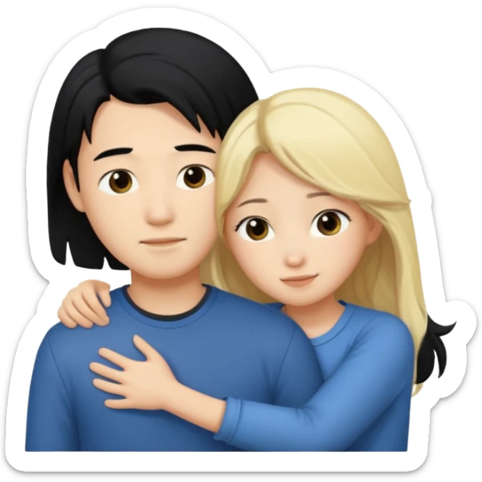 asian boy with black hair and blonde long hair girl hugging sticker