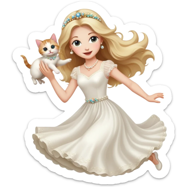 White woman - long hair - white wedding dress - holding a kitten - happy - jumping - fashionable - elegant - bouquet - dreamy - colorful - pearl accessories sticker