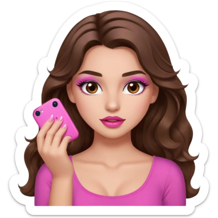 girl with long wavy brown hair, brown eyes, long lashes makeup, sexy pink lips, light to medium complexion, pink sexy top,slapping sticker