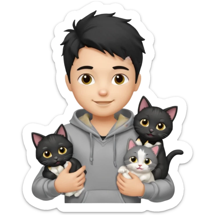 generate a pretty fair bratz boy with black messy hair holding 3 cats.  Wearing a grey hoodie sticker