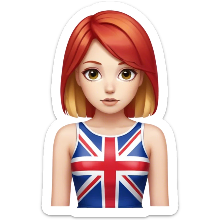 Geri Halliwell with red hair and blonde highlights wearing a short bodycon Union Jack flag dress sticker