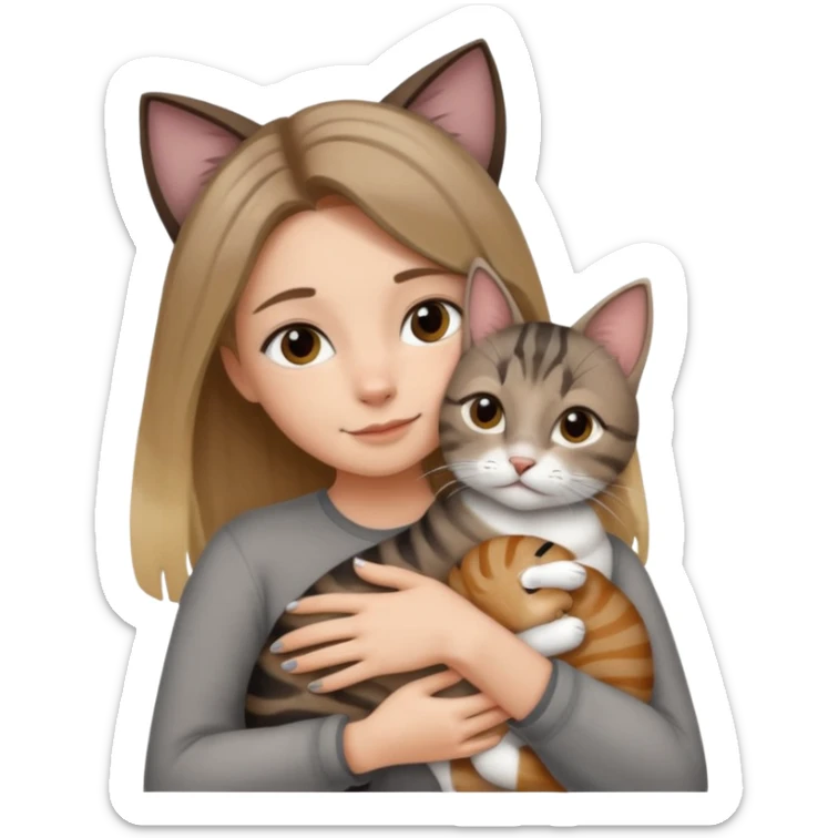 Une femme avec les cheveux dégradée, brun et blond, qui fait un câlin à son chat gris, tigré avec les extrémités que pattes pointe d’oreilles noires et le dessous du menton blanc la fille n’a pas d’oreilles, il n’y a qu’un seul chat sticker