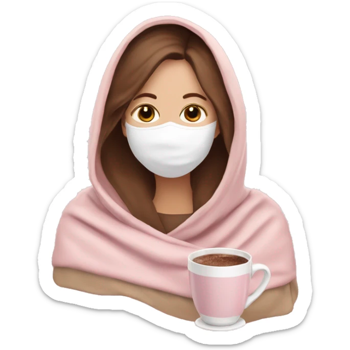 white woman with brown hair with face mask inside a baby pink to beige blanket sipping hot chocolate  sticker