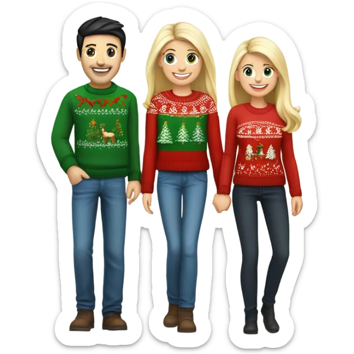 Happy white couple wearing Christmas jumper and blue jeans, man with black hair, woman blonde long sticker