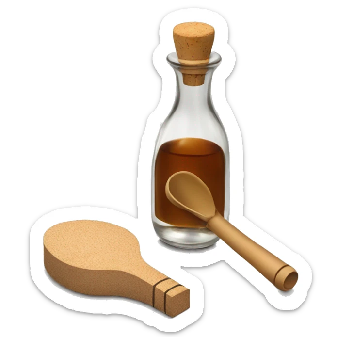 bottle of vinegar with the cork and a nozzle; spoon is laying neat the bottle sticker