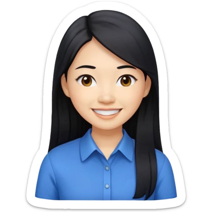 30 yr asian woman light skin long straight black hair big smile blue collared shirt sticker
