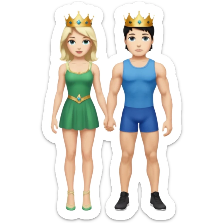 Prince with crown, black hair, body, legst, blue eyes, woman blonde hair, green eyes, sexy white short sleveless dress,  sticker