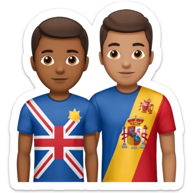 2 male Best buds , one in showing Philipine flag tshirt, one is Spain, in UK flag background sticker