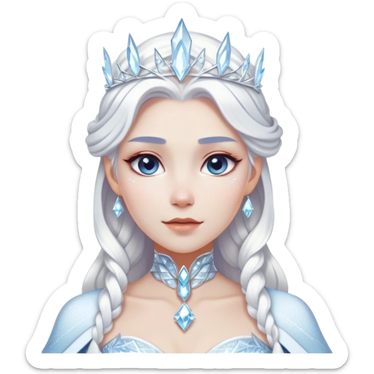 Cinematic Majestic Snow Queen Portrait Emoji, rendered in a clean, vector-style with bold, simplified shapes. Show Elsa with a serene, noble expression, luminous icy skin and gracefully styled platinum hair adorned with subtle crystalline accents, her attire minimal yet majestic. The design radiates a cool, crystalline glow with high shine and a soft glowing outline, embodying timeless, frosty elegance. sticker