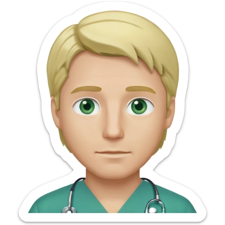 a male doctor with green scrubs, blonde hair middle part, blue eyes sticker