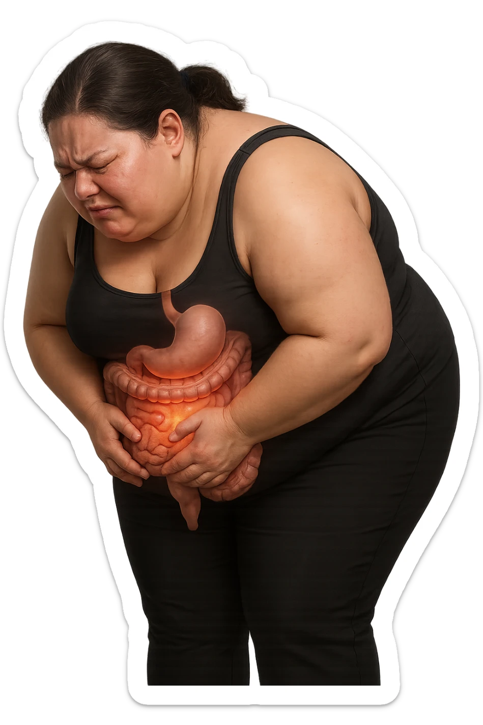 DONNA OBESA PIEGATA IN AVANTI CON INTESTINO ANATOMICO IN EVIDENZA, MAL DI PANCIA iperrealistico 4k sticker