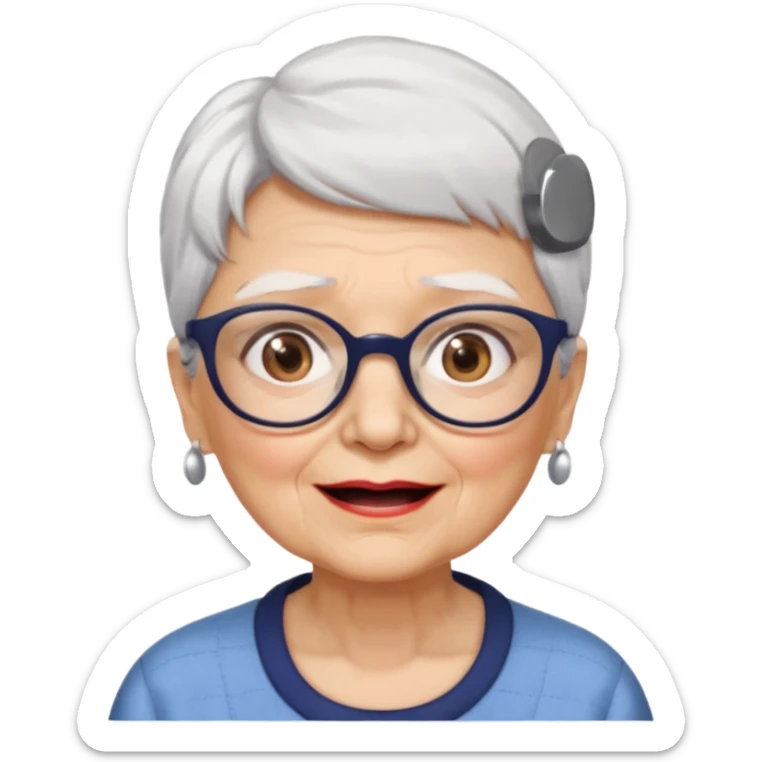 Create me emoji of an old lady. Short white hair to left side. Square glasses. Brown eyes. Rounded really big and wide face. Wide nose. Big mounth sticker