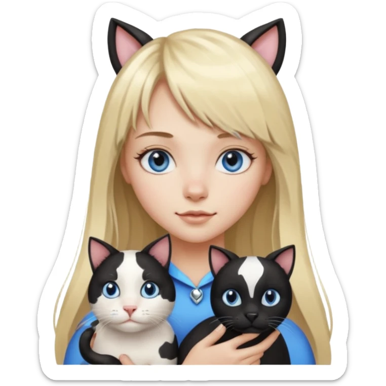 One  cat black and white stain like a cow in the arms of long blond hair girl with bangs and blue eyes sticker