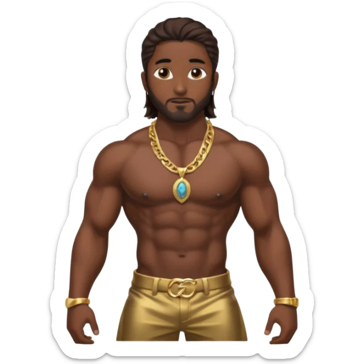  Omarion with long dark brown hair, shirtless with necklace, metallic brown pants sticker