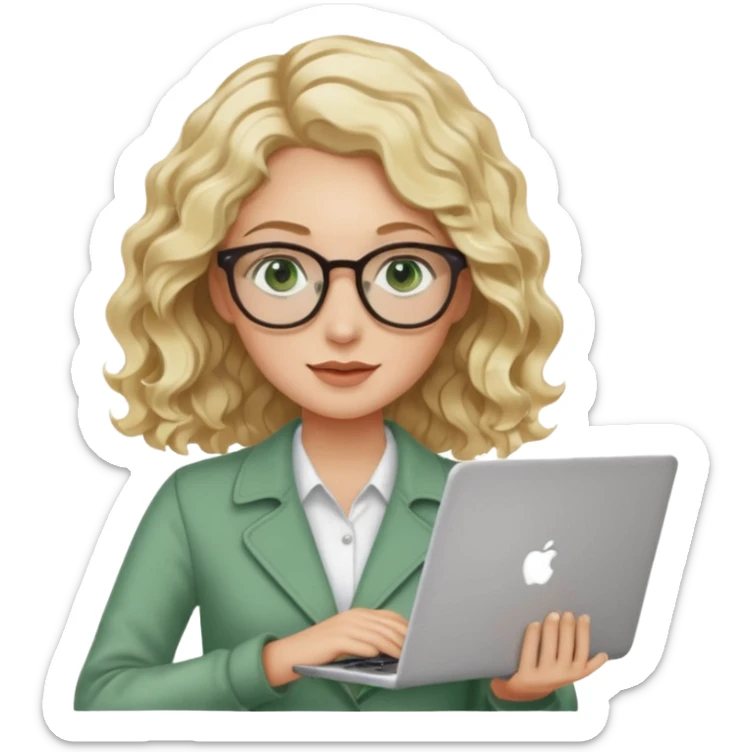 blonde woman, age 25-30, green eyes, wavy hair, holding a laptop, product designer vibe sticker
