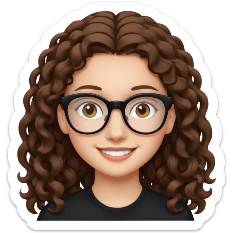 white teen girl with long brown curls, hazel eyes, and black frame glasses sticker