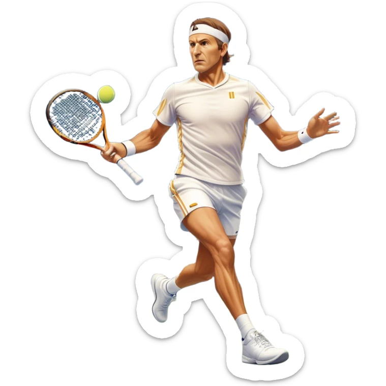 Cinematic Realistic portrait of Goran Ivanišević, depicted as an iconic tennis player in dynamic motion with detailed athletic gear and intense focus, illuminated by bold stadium lighting that accentuates his competitive spirit. sticker