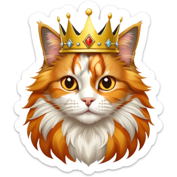 calico maine coon cat with orange, black and white patches wearing a golden crown sticker
