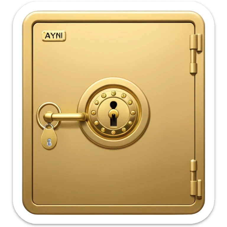 A secure vault door with the AYNI Gold logo at its center lock, glowing subtly. Flat design, metallic gold tones, black background, small “AYNI Gold” tag on the lower edge sticker