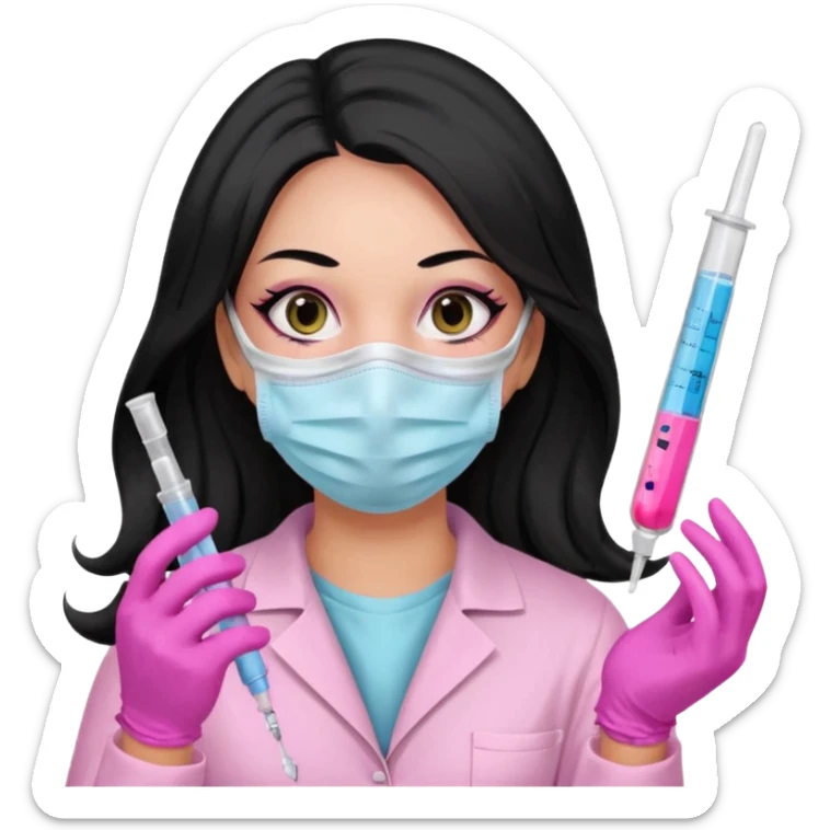 laboratorista con guantes rosa y mascarilla rosa  jeringa tubo laboratorio sin lentes  y  ojos negro cabello largo negro sticker