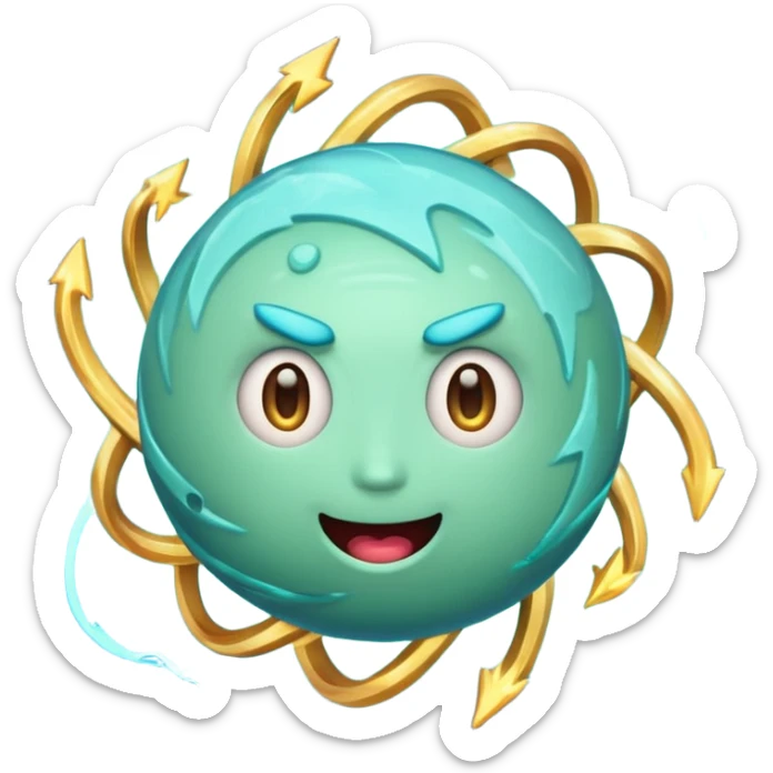 Uranus emoji with a playful, chaotic face, blue-green planet, swirling rings, lightning effects, representing electric, unexpected change, Apple-style emoji sticker