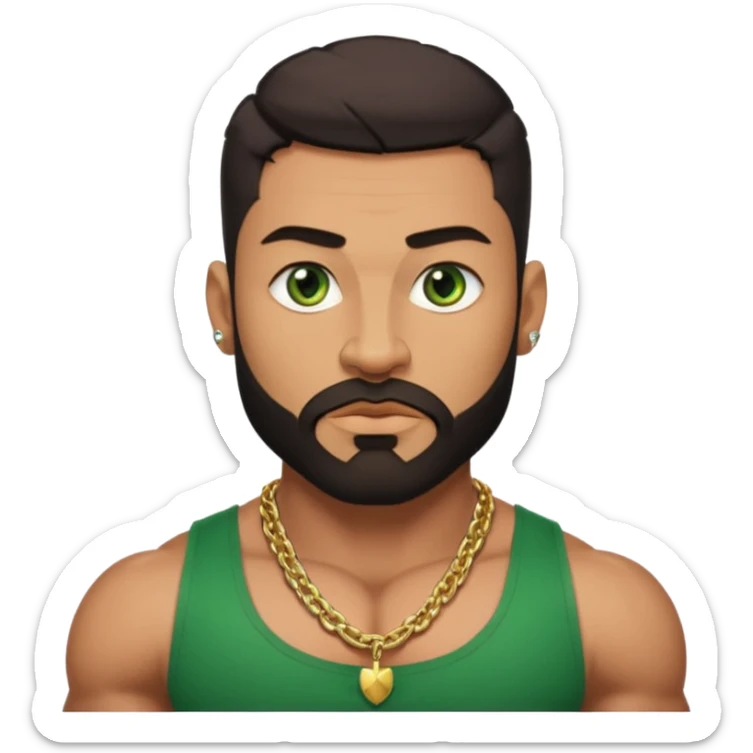 green eyes, dark short hair, muscular shoulders, wide cross, gold chain, big lips big nose big eyes, masculine good looking, dark beard, muscular strong looking sticker