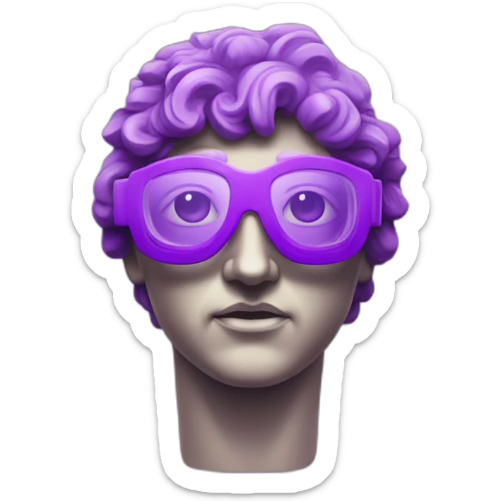 an EMOJI OF A ancient young greek statue, wearing VR glasses, purple colors, DIGITAL UNIVERSE sticker