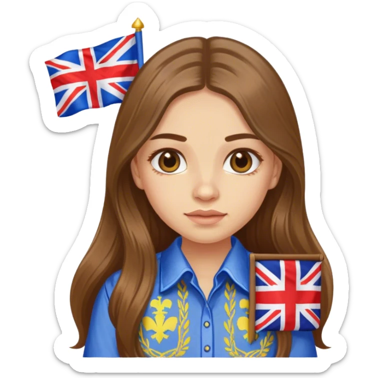 A Ukrainian girl in an embroidered shirt holds a British flag sticker